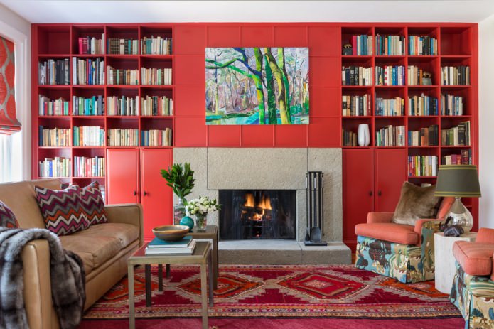 red matte wardrobe along the entire wall
