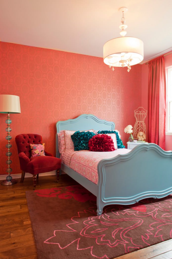 turquoise and red bedroom with white ceiling