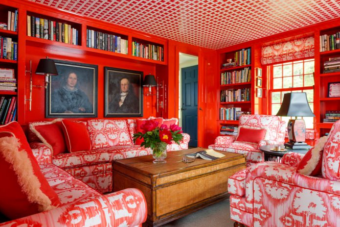 Roman blinds with a red and white pattern