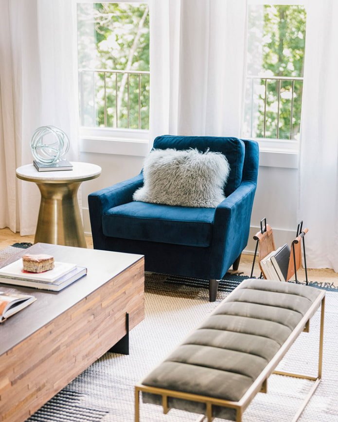 blue armchair in the interior