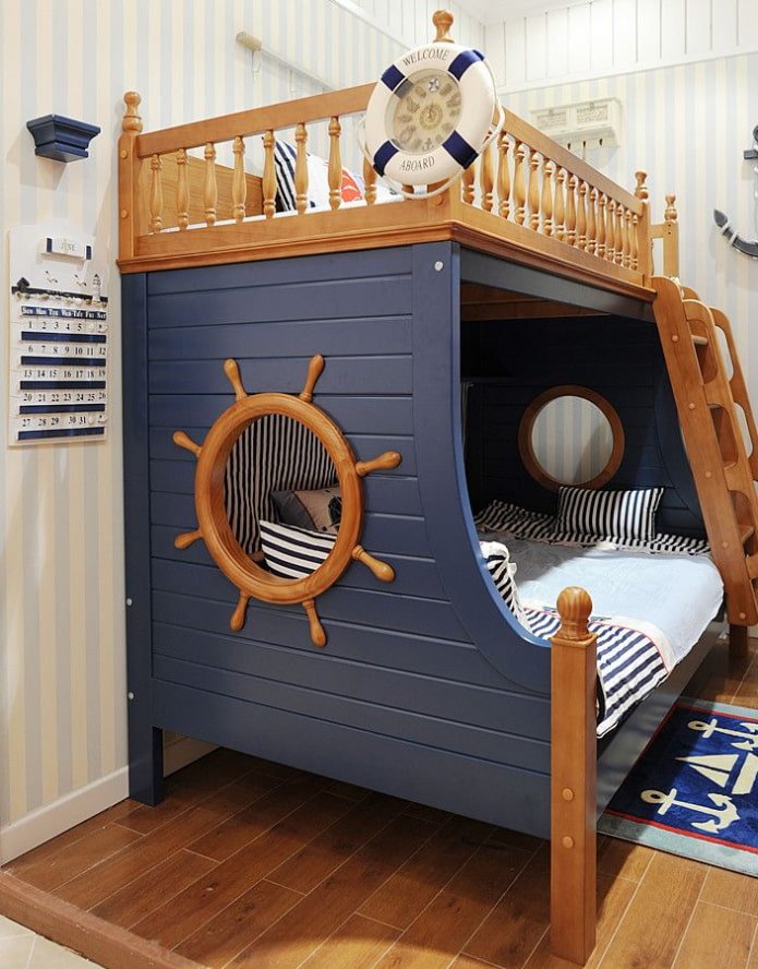 ship-shaped bed in a nautical style