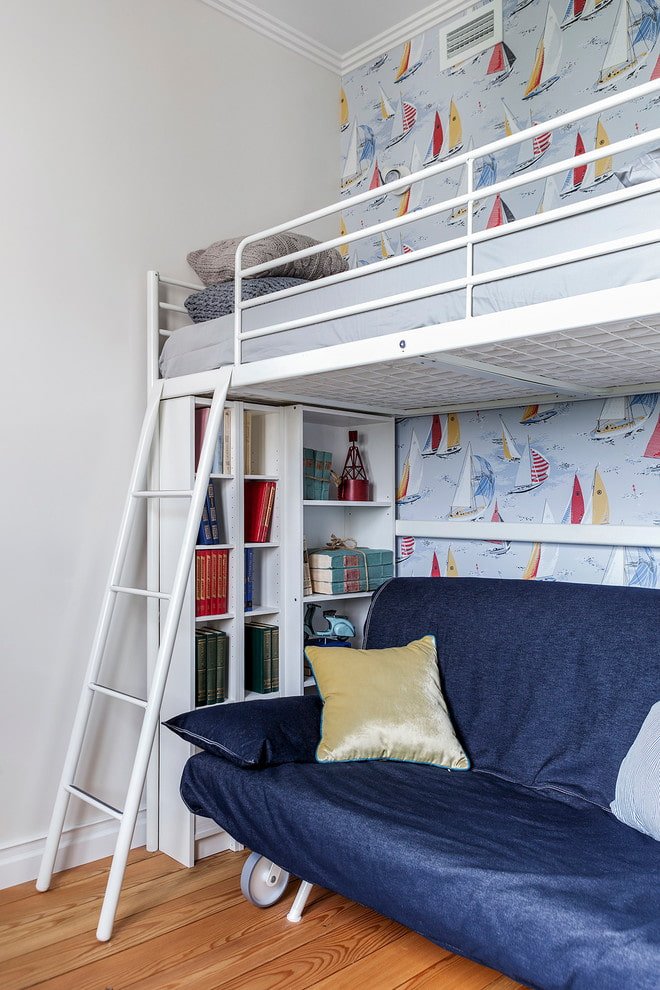 loft bed with stairs in a children's room in a nautical style