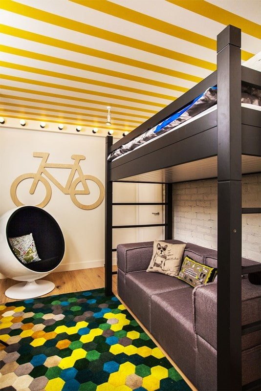 bed with a sofa below