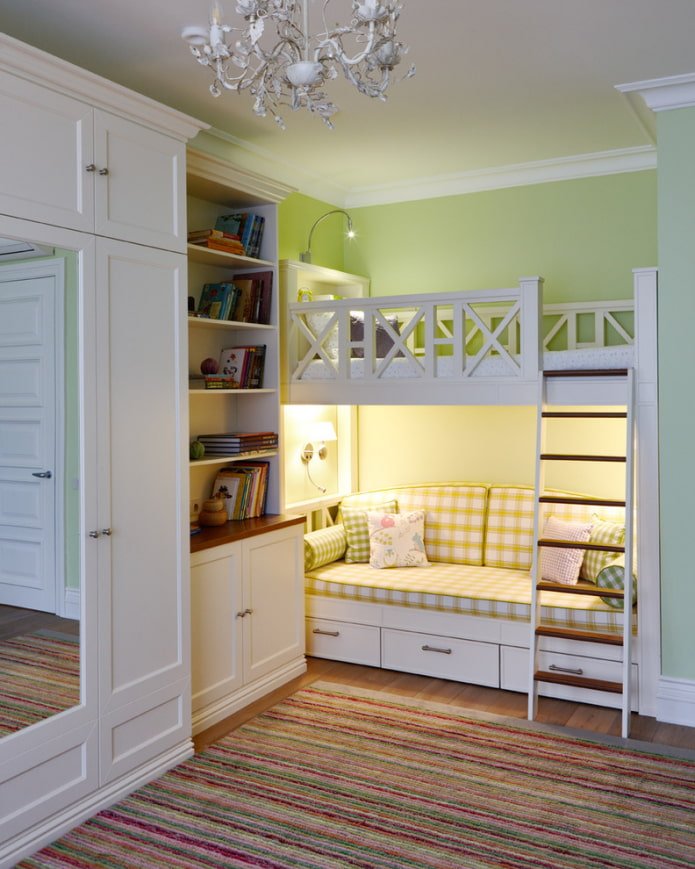 bed with a sofa below