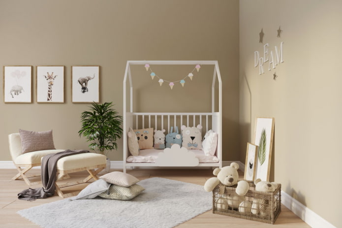 a white bed in the form of a house in a children's room
