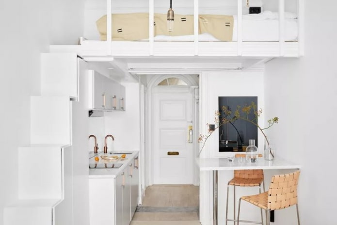 bed above the ceiling in the kitchen-living room