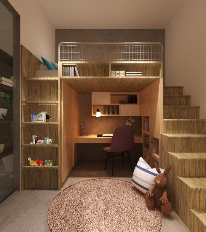 bed on the second level in the children's room