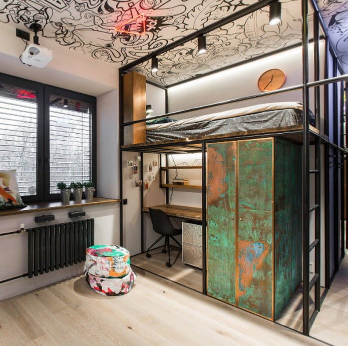bed on the second level in the children's room