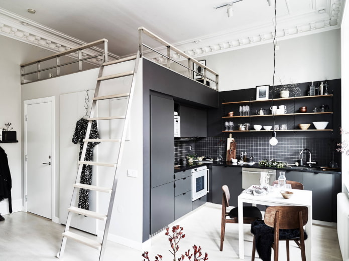 bed above the ceiling in the kitchen-living room