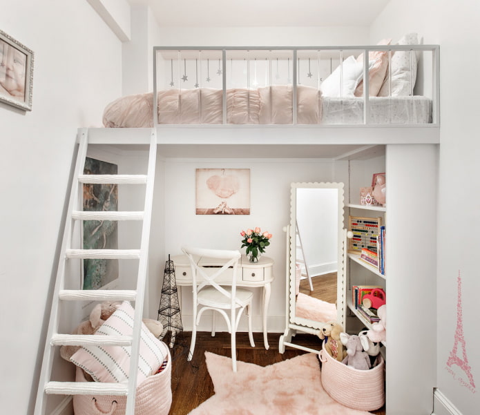 bed on the second level in the children's room