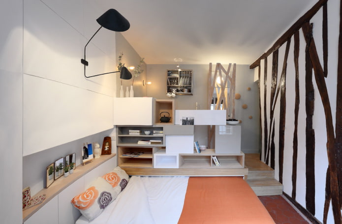 bed on a podium in the kitchen interior