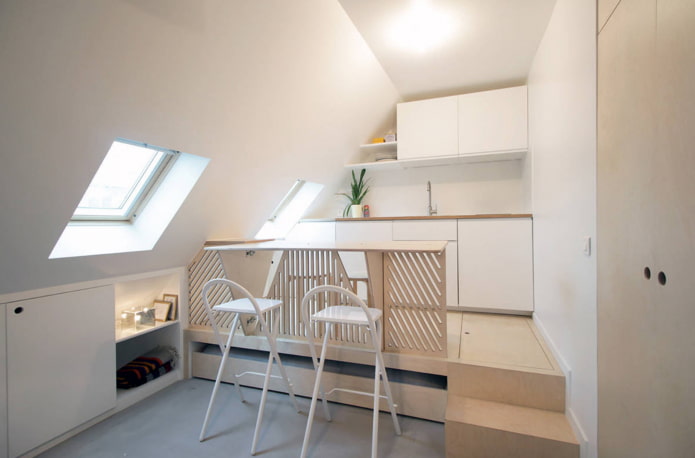 bed on a podium in the kitchen interior