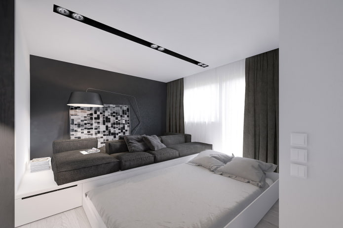bed on a podium in the living room interior