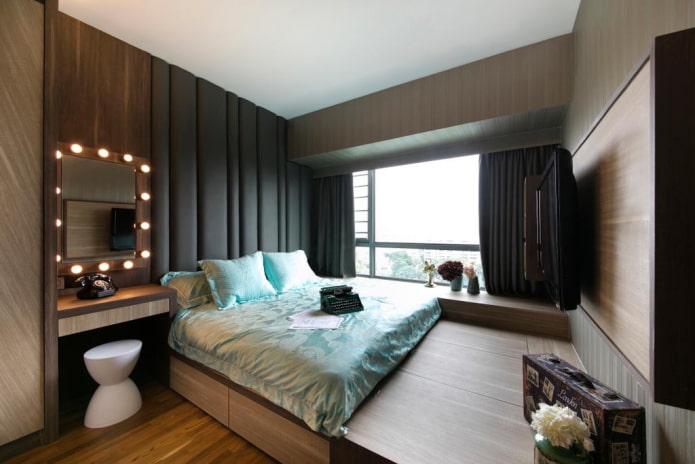 bed on a podium in the bedroom interior