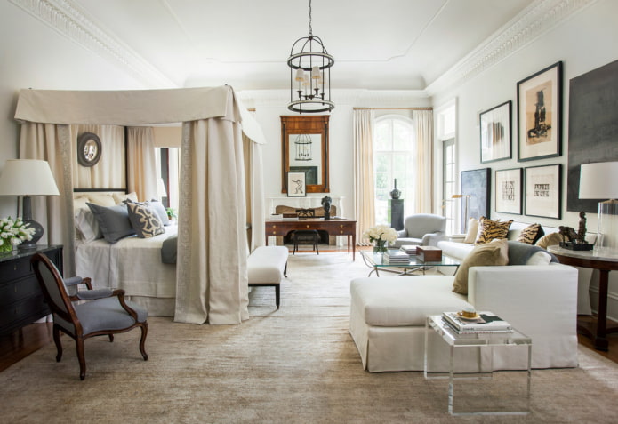 Bedroom with a linen canopy