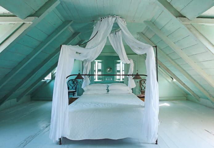 Turquoise bedroom with a canopy