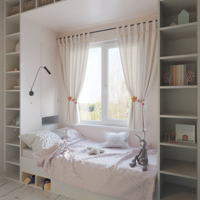 children's system with a bed by the window