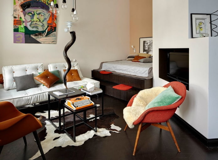 Dark podium bed in the living room