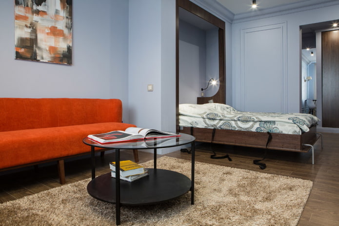 Living room with a sofa and a transforming bed