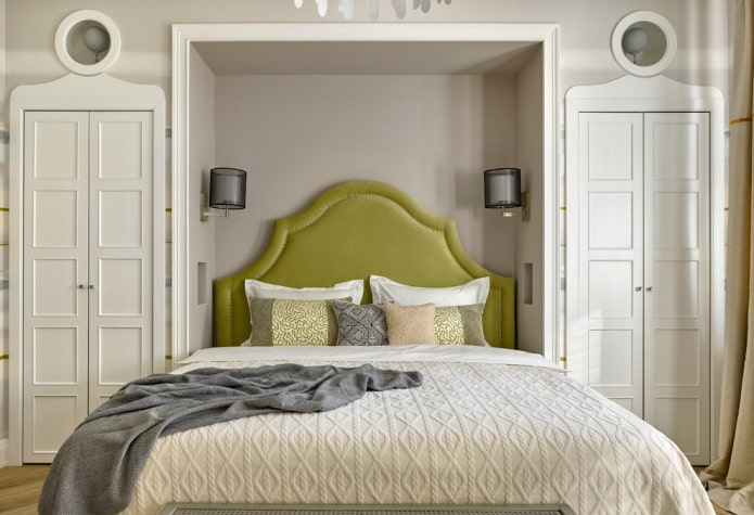 wardrobes in a niche with a bed in interior