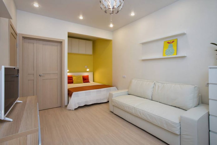 niche with a bed in a one-room apartment
