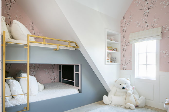 niche with a bunk bed in the interior of the attic
