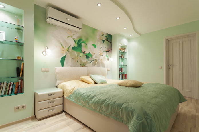 photo wallpaper in a niche with a bed in the interior