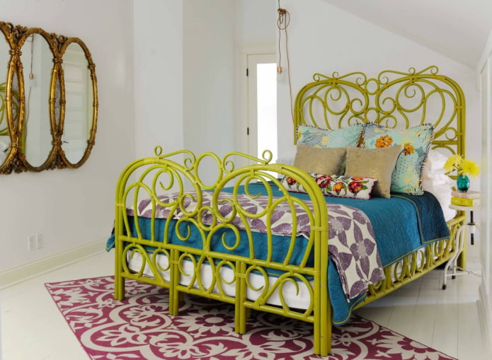 green bed in the bedroom interior