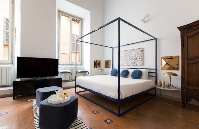 blue bed in the bedroom interior