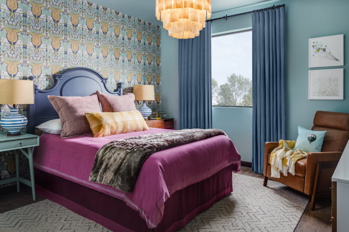 blue bed in the bedroom interior