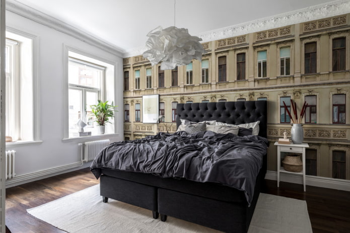 black bed in bedroom interior