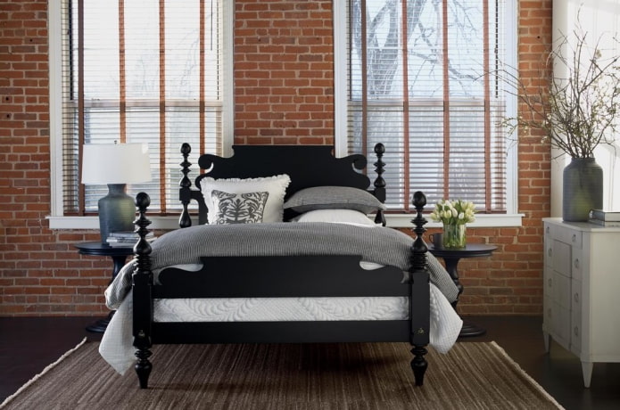 black bed in the bedroom interior