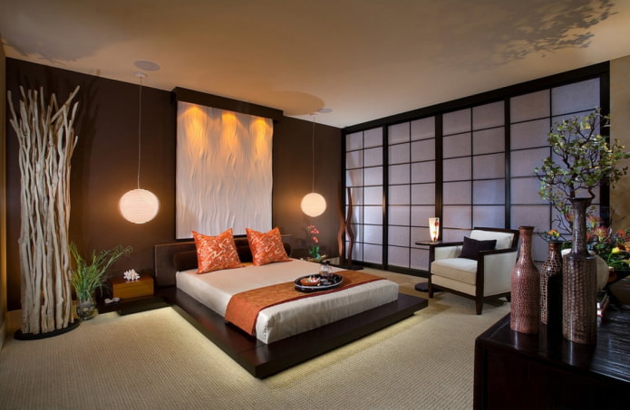 bed in an interior in an oriental style