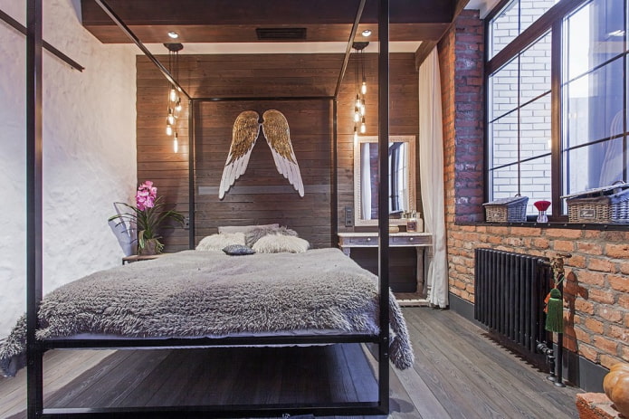 bed in a loft-style interior