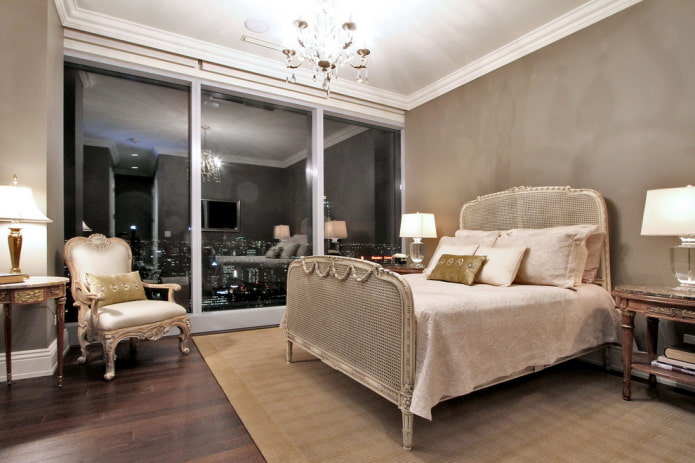 beige bed in the bedroom interior
