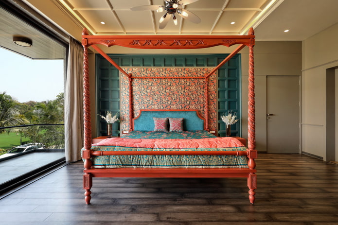 red bed in the bedroom interior