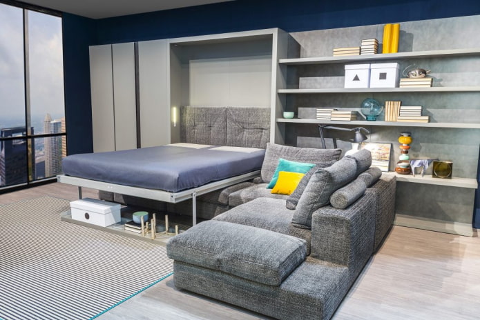 wardrobe bed with sofa in the interior