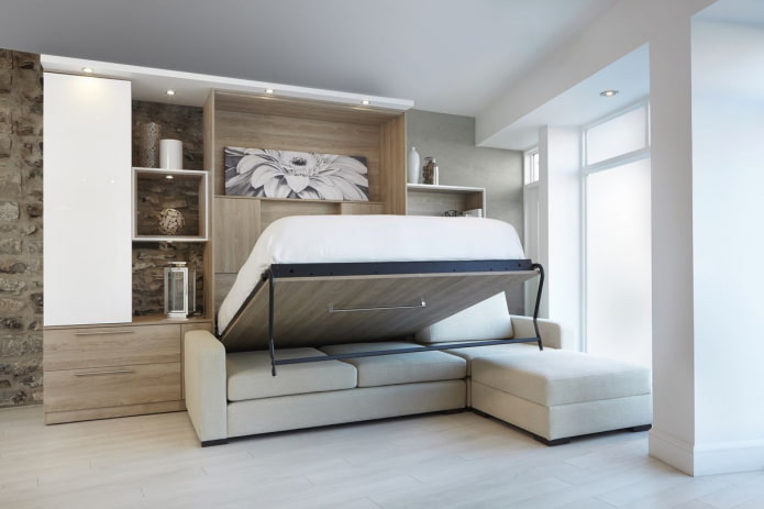 wardrobe bed with sofa in the interior