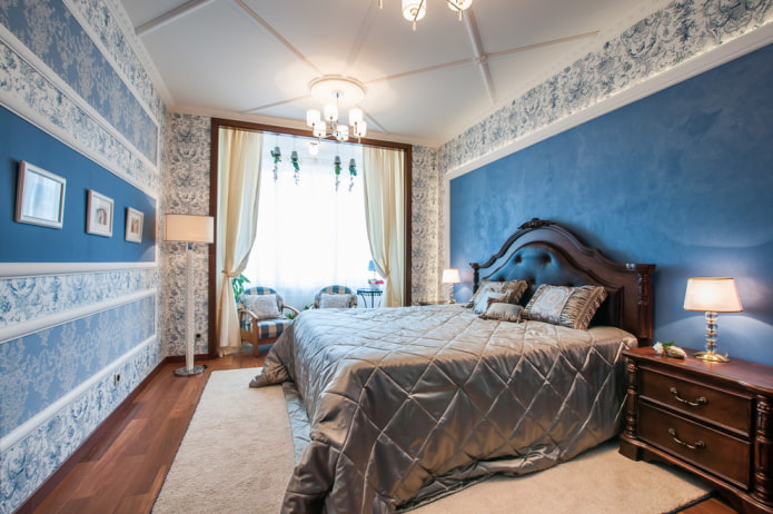 wooden bed with a soft headboard in the interior