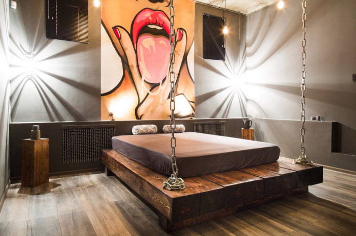 wooden bed in loft style