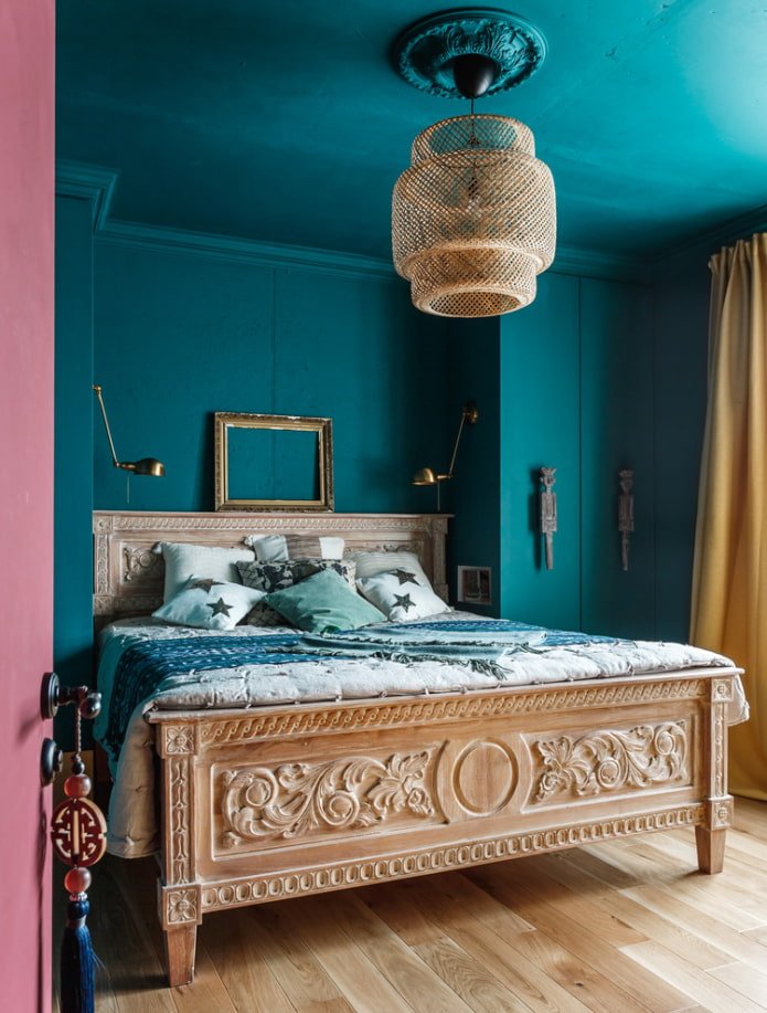 wooden bed with carved headboards in the interior