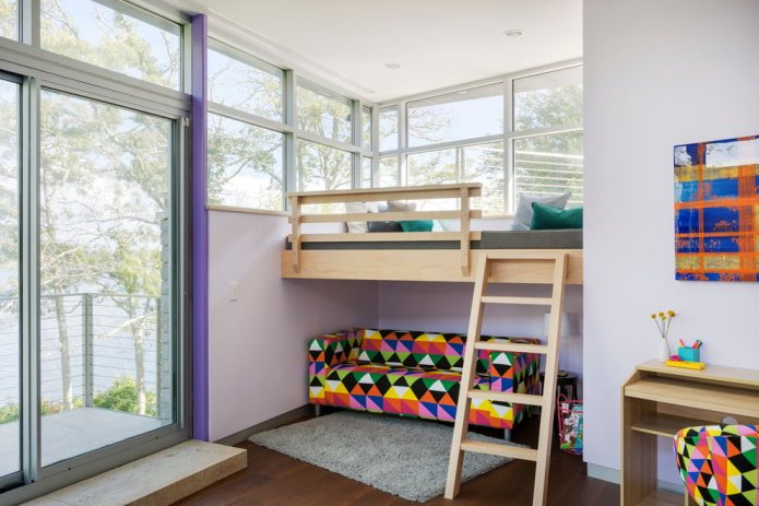 wooden loft bed in the interior