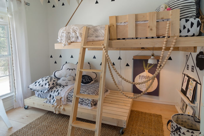 wooden bed in Scandinavian style