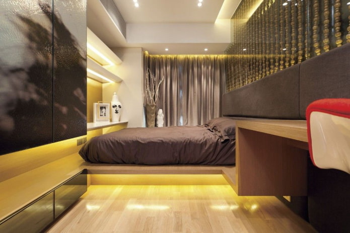 wooden bed in high-tech style