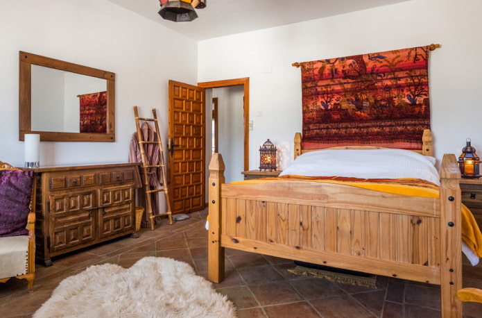 wooden bed in the interior