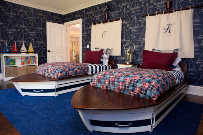 wooden beds in a boy's room