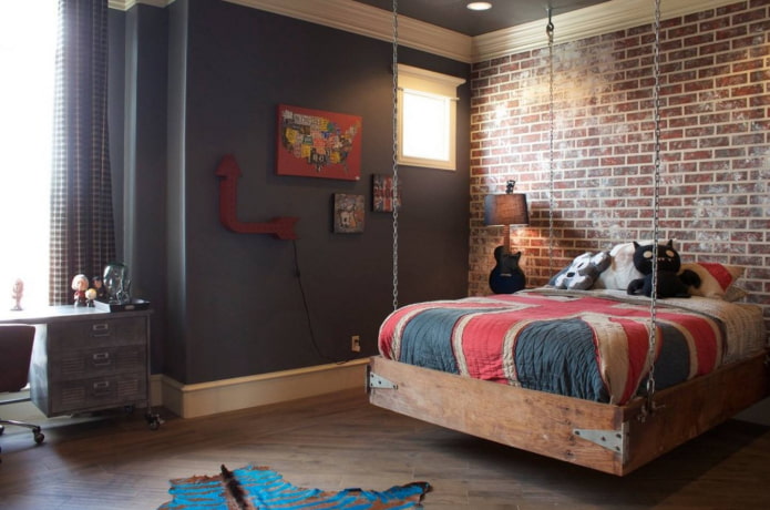 wooden bed in a teenager's room