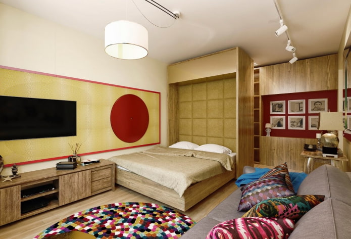 wooden bed in the living room