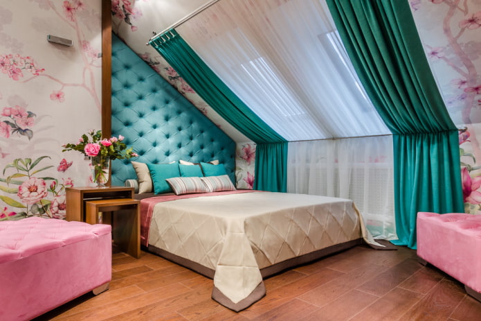 bed with a turquoise headboard in the interior