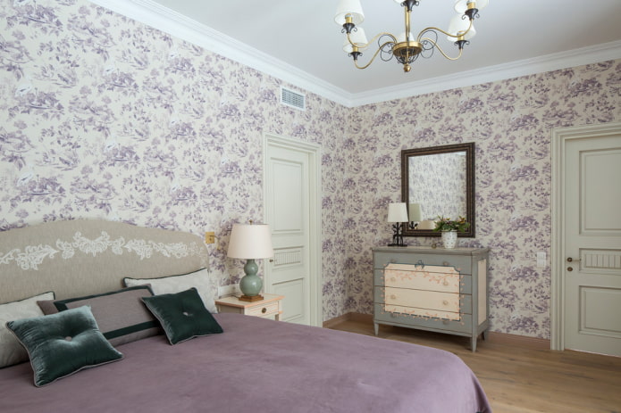 bed with a soft headboard in the Provence style